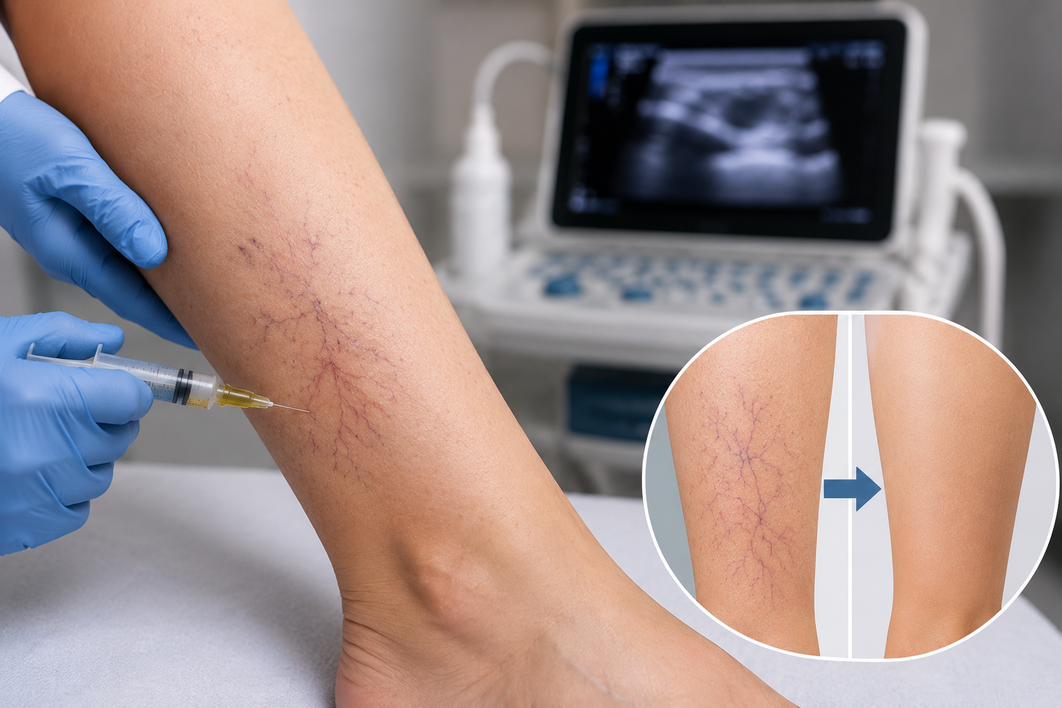 Spider veins appear as thin red or blue web-like lines near the skin surface